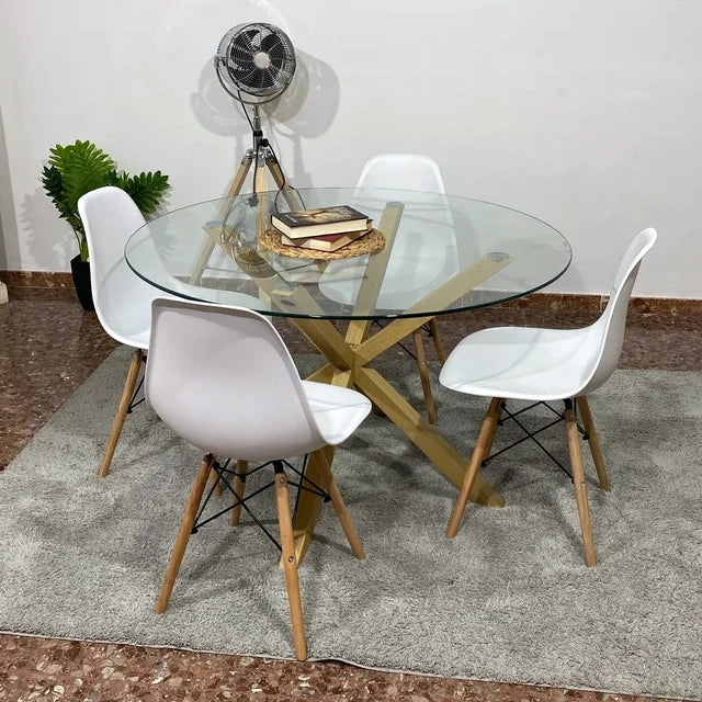 Pack Mesa Redonda de Cristal Templado + 4 Sillas Estilo Nordico Blancas
