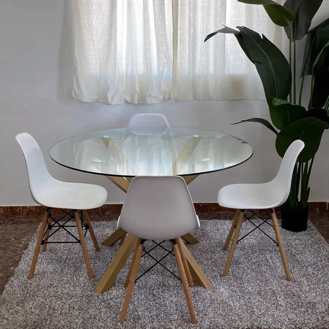 Pack Mesa Redonda de Cristal Templado + 4 Sillas Estilo Nordico Blancas