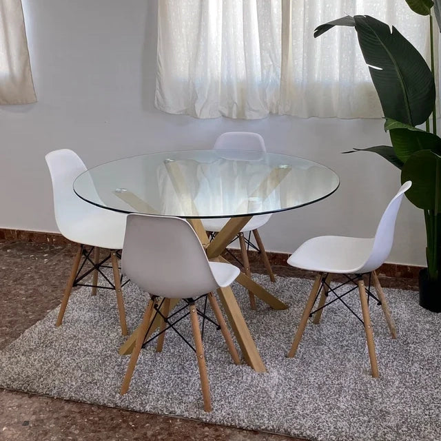 Pack Mesa Redonda de Cristal Templado + 4 Sillas Estilo Nordico Blancas