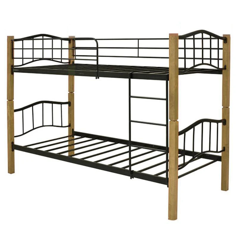 Una litera metálica con postes de madera y un diseño de estructura de alambre negro. Incluye una escalera integrada para subir a la litera superior.