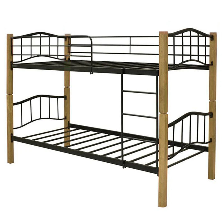Una litera metálica con postes de madera y un diseño de estructura de alambre negro. Incluye una escalera integrada para subir a la litera superior.