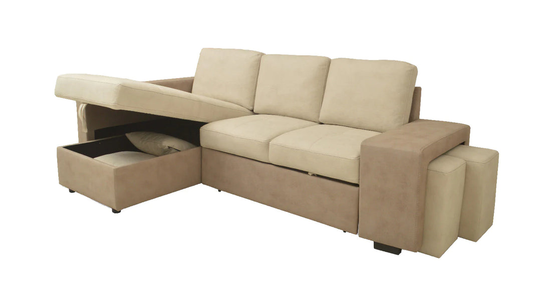 Sofá Cama Chaise Longue Stacy 250x158cm, Arcón +2 puffs