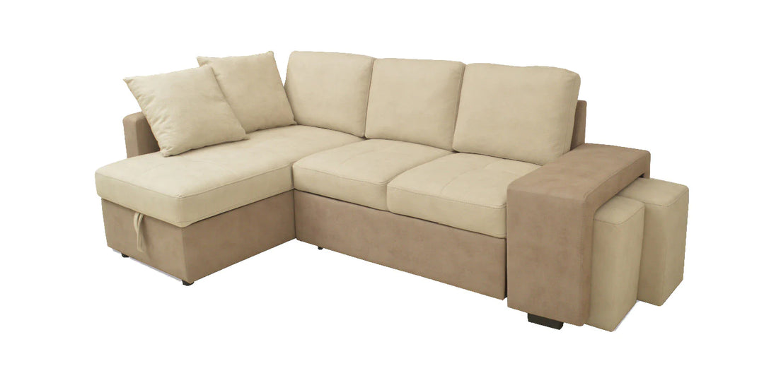 Sofá Cama Chaise Longue Stacy 250x158cm, Arcón +2 puffs