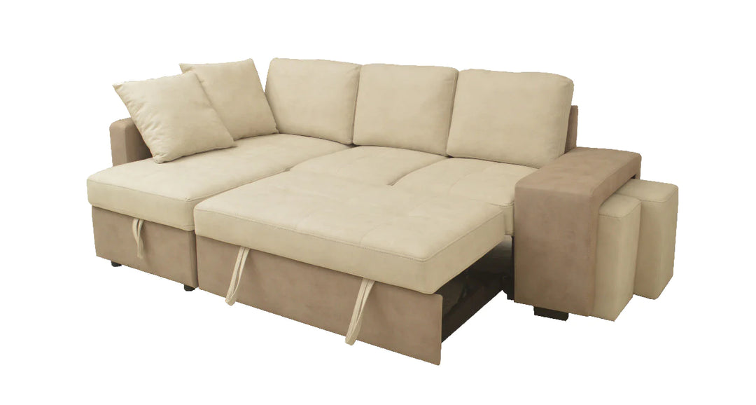 Sofá Cama Chaise Longue Stacy 250x158cm, Arcón +2 puffs