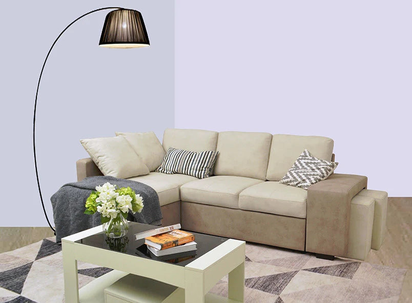 Sofá Cama Chaise Longue Stacy 250x158cm, Arcón +2 puffs