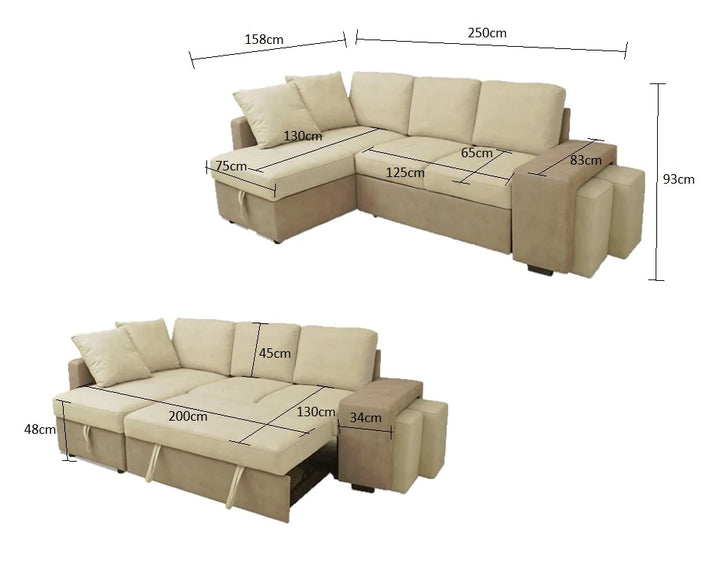Sofá Cama Chaise Longue Stacy 250x158cm, Arcón +2 puffs