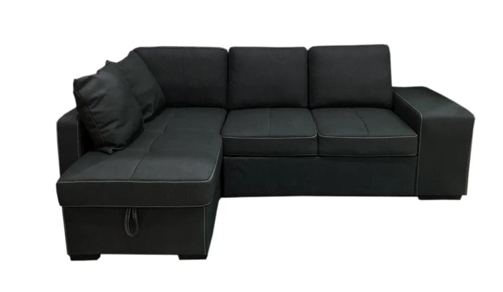 Sofá Cama Chaise Longue Stacy 250x158cm, Arcón +2 puffs