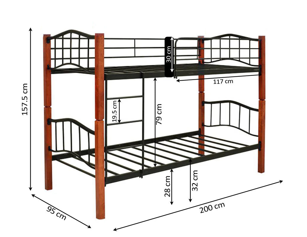 Estructura de litera con postes de madera marrón y barandillas de metal negro. Dimensiones: 157,5 cm de alto, 200 cm de largo y 95 cm de ancho. Escalera en el centro.