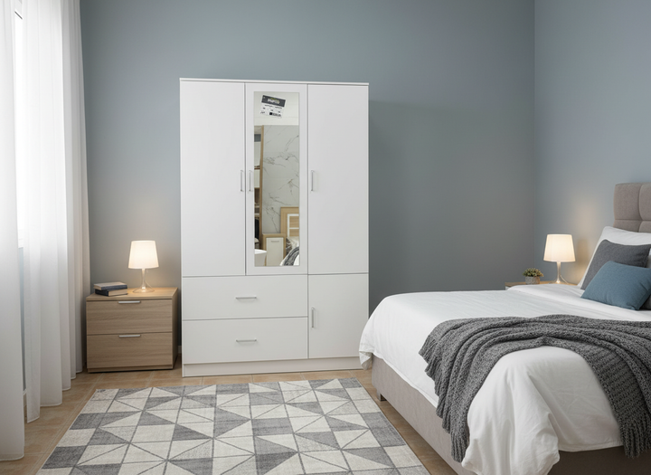 Armario de tres puertas con espejo – MDF 15 mm, acabado PU, cierre suave, 120×50×190 cm