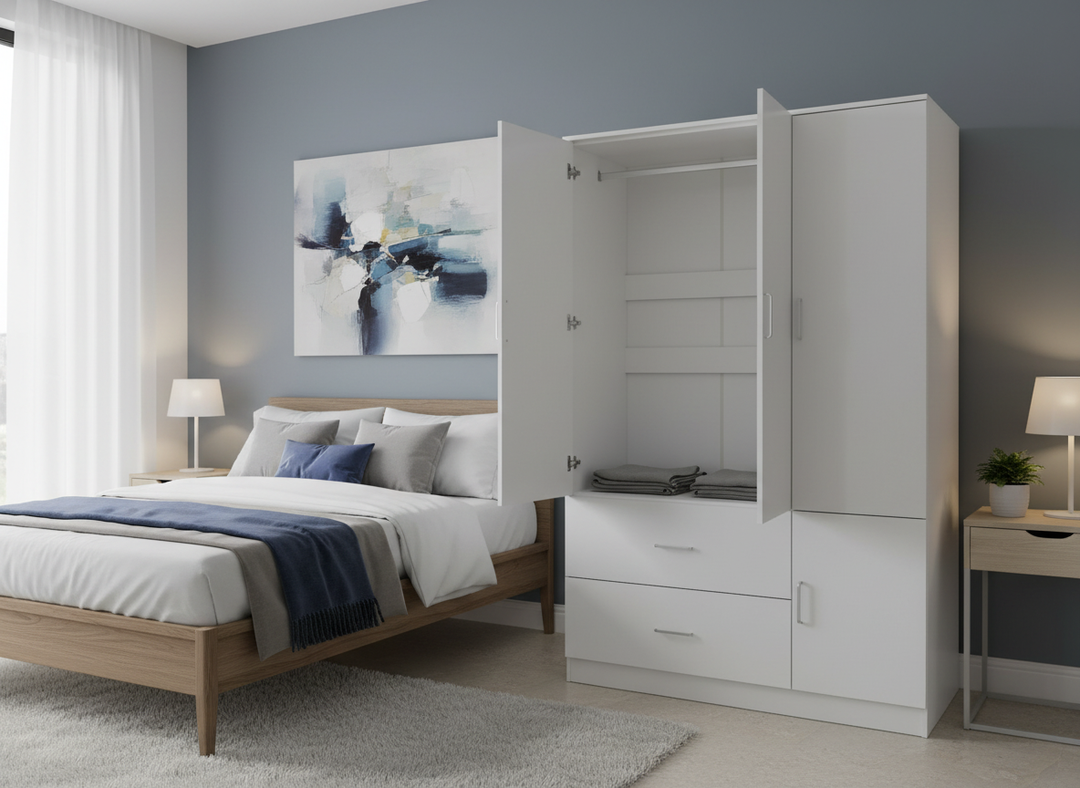 Armario de tres puertas con espejo – MDF 15 mm, acabado PU, cierre suave, 120×50×190 cm