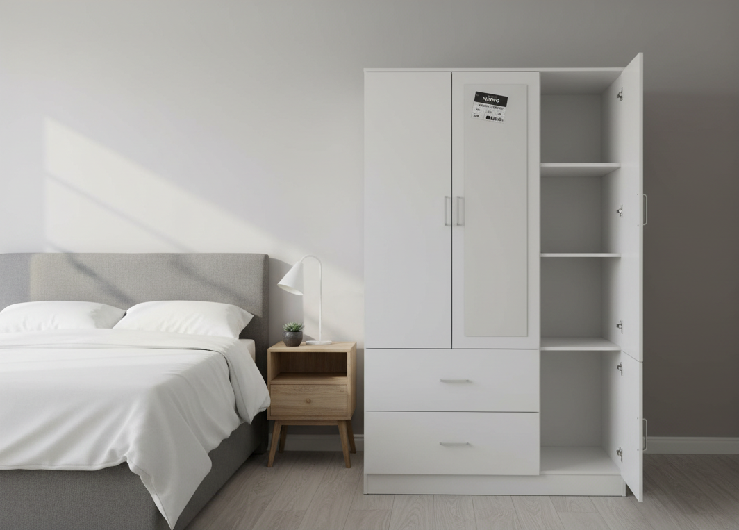 Armario de tres puertas con espejo – MDF 15 mm, acabado PU, cierre suave, 120×50×190 cm