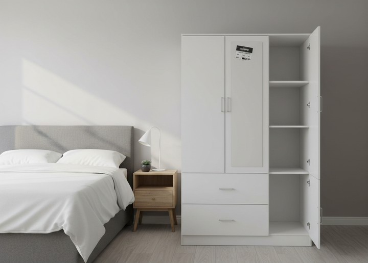 Armario de tres puertas con espejo – MDF 15 mm, acabado PU, cierre suave, 120×50×190 cm