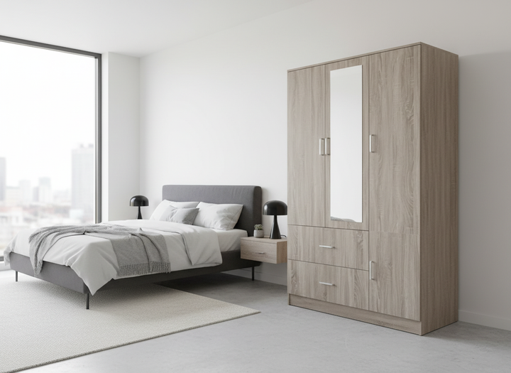 Armario de tres puertas con espejo – MDF 15 mm, acabado PU, cierre suave, 120×50×190 cm