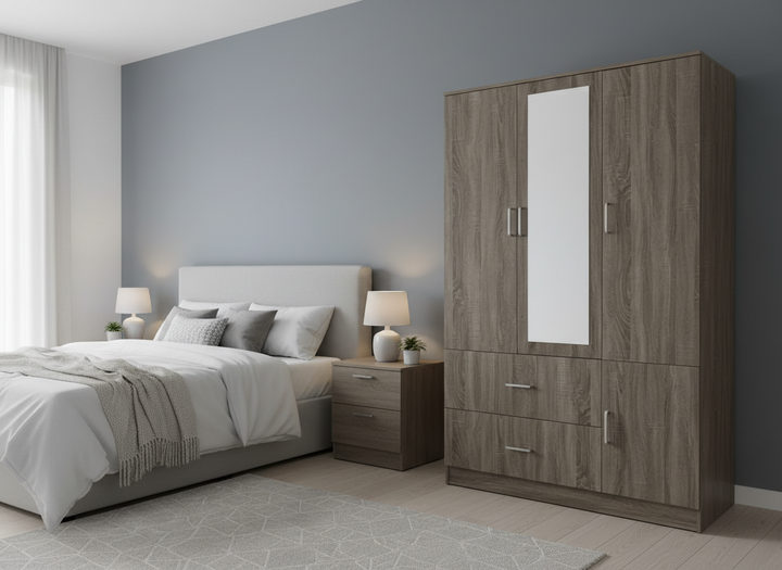 Armario de tres puertas con espejo – MDF 15 mm, acabado PU, cierre suave, 120×50×190 cm