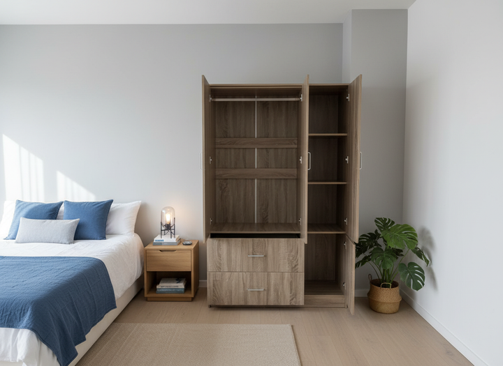 Armario de tres puertas con espejo – MDF 15 mm, acabado PU, cierre suave, 120×50×190 cm