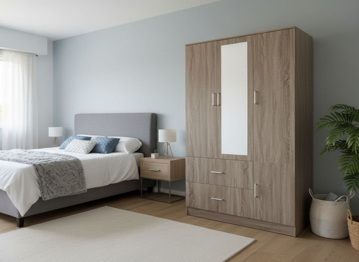 Armario de tres puertas con espejo – MDF 15 mm, acabado PU, cierre suave, 120×50×190 cm