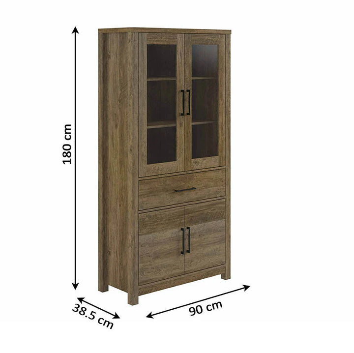Tall wooden cabinet measuring 180 cm high, 38.5 cm deep, and 90 cm wide. It features two upper glass doors and two lower drawers with black handles.