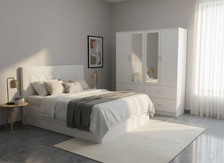 Habitación soleada con un diseño minimalista. La cama y el armario blancos, la alfombra beige, la mesita auxiliar de madera, el cuadro abstracto y las paredes en un suave tono gris crean un ambiente tranquilo y acogedor.