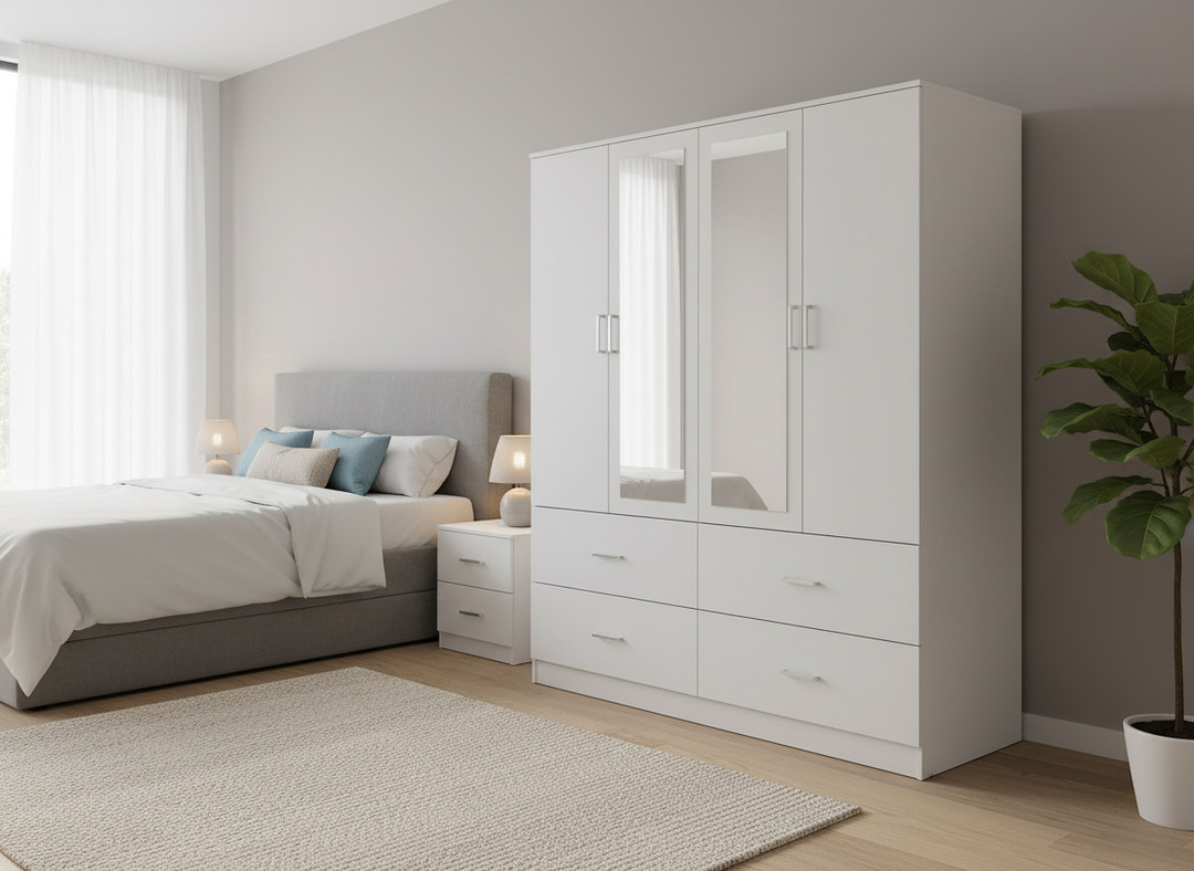 Habitación luminosa con un armario blanco con espejos, una cama gris con ropa de cama blanca y cojines azules, una alfombra beige y una planta en maceta.