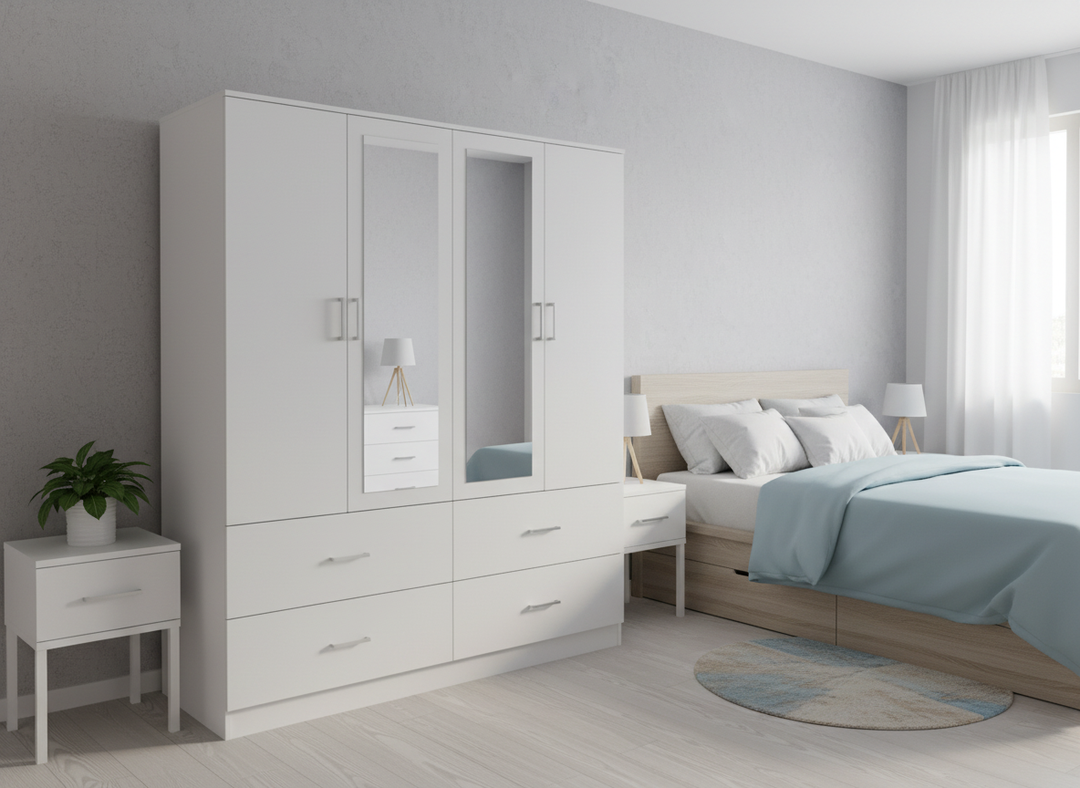 Un dormitorio luminoso y minimalista con un armario blanco, una cama con ropa de cama azul pastel, mesitas de noche, una planta frondosa y una suave luz natural que se filtra a través de las cortinas.