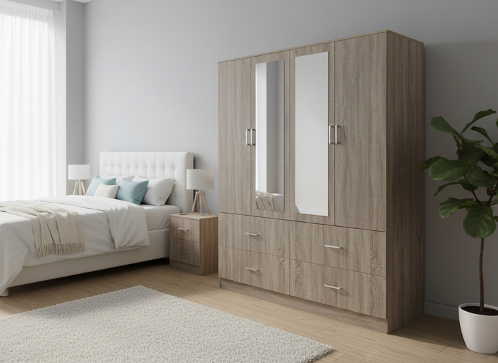 Habitación que incluye una cama, un armario con 2 espejos, con un ambiente acogedor y ordenado.