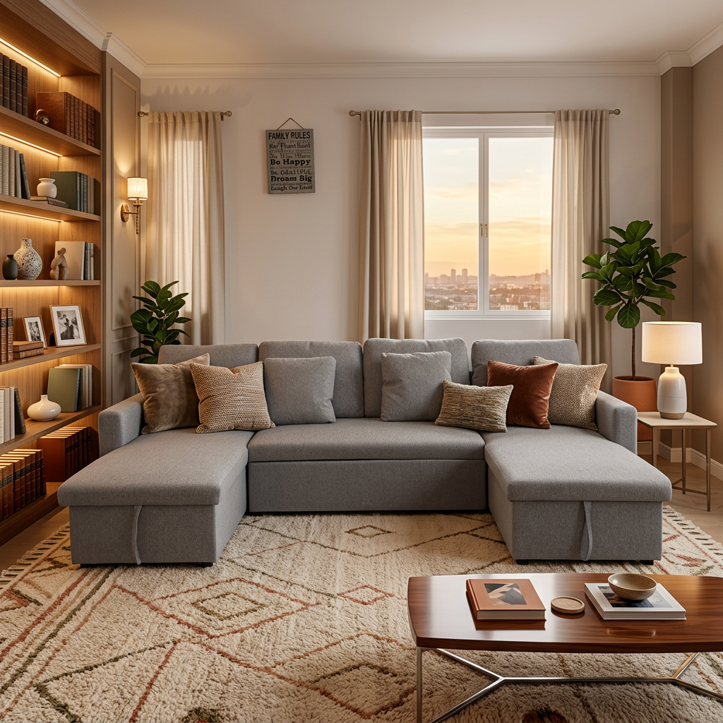 Acogedor salón con un gran sofá gris, cojines en tonos tierra y una mesa de centro de madera. Iluminación cálida y vistas a la puesta de sol a través de la ventana.