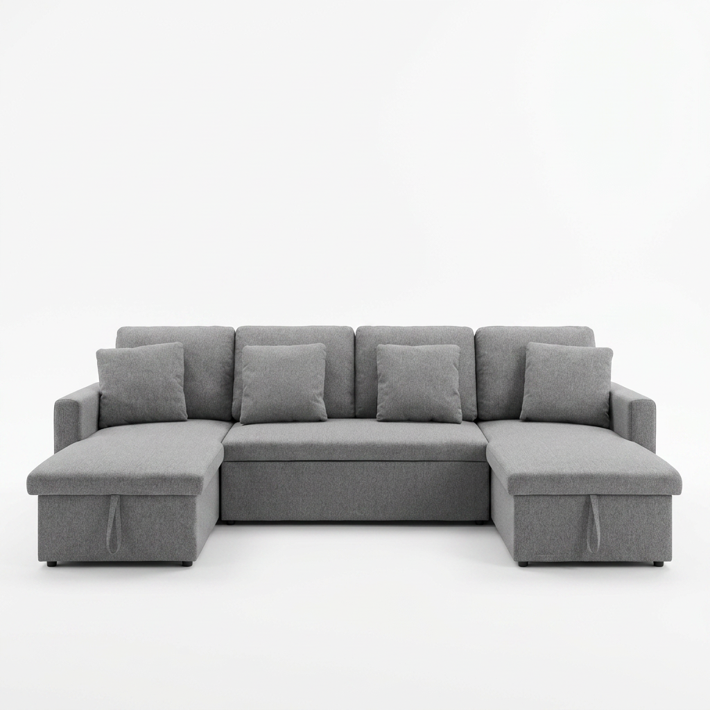 Sofá modular gris con chaise longues a ambos lados, cinco cojines cuadrados y un diseño minimalista sobre un fondo blanco liso.