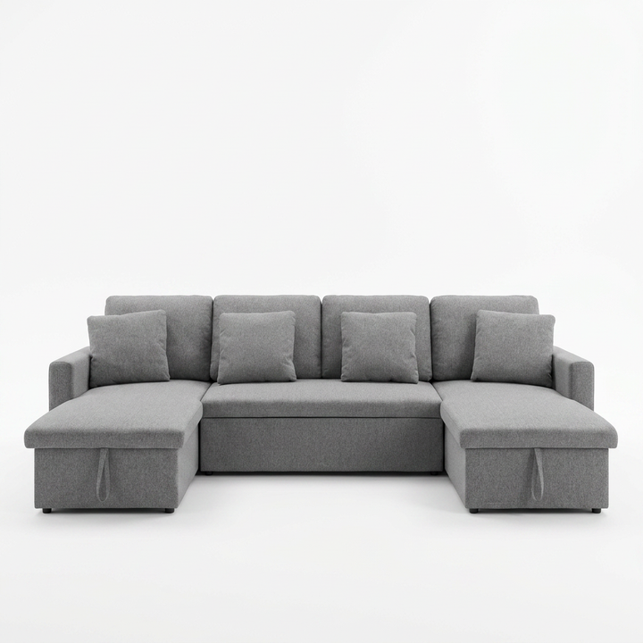 Sofá modular gris con chaise longues a ambos lados, cinco cojines cuadrados y un diseño minimalista sobre un fondo blanco liso.