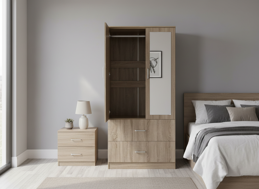 Armario de dos puertas con espejo – MDF 15 mm, acabado PU, cierre suave, 80×50×190 cm