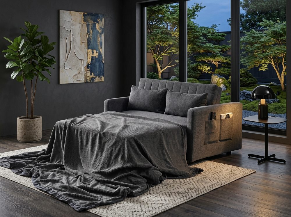 Un salón acogedor y moderno con un sofá cama gris cubierto con una colcha, junto a un gran ventanal que da a un frondoso jardín. Una lámpara de pie y una obra de arte abstracto aportan elegancia.