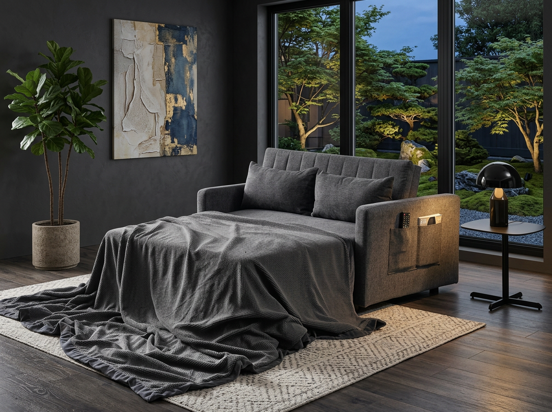 Un salón acogedor y moderno con un sofá cama gris cubierto con una colcha, junto a un gran ventanal que da a un frondoso jardín. Una lámpara de pie y una obra de arte abstracto aportan elegancia.
