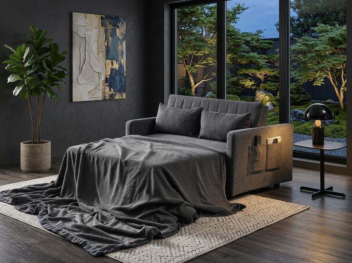 Un salón acogedor y moderno con un sofá cama gris cubierto con una colcha, junto a un gran ventanal que da a un frondoso jardín. Una lámpara de pie y una obra de arte abstracto aportan elegancia.