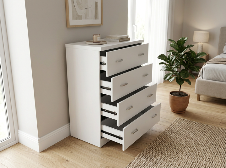 cajonera blanca con los cajones abiertos en habitación moderna