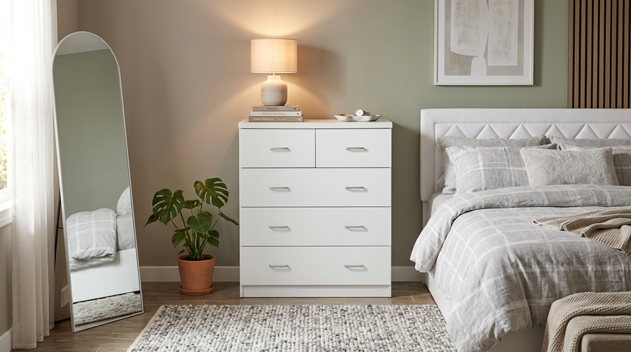 cómoda blanca con cajones en dormitorio moderno elegante