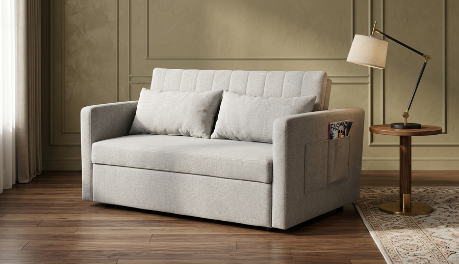 Un acogedor sofá de dos plazas beige con mullidos cojines descansa junto a una pared revestida de paneles, acompañado de una mesita auxiliar de madera y una lámpara moderna. La luz del sol se filtra a través de las cortinas, creando un ambiente cálido y acogedor.