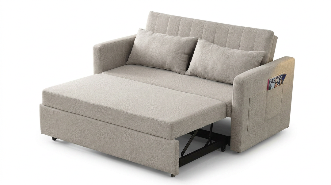 Un sofá cama de color beige desplegado en posición horizontal, con dos cojines a juego y un bolsillo lateral donde guardar revistas. El estilo es acogedor y funcional.