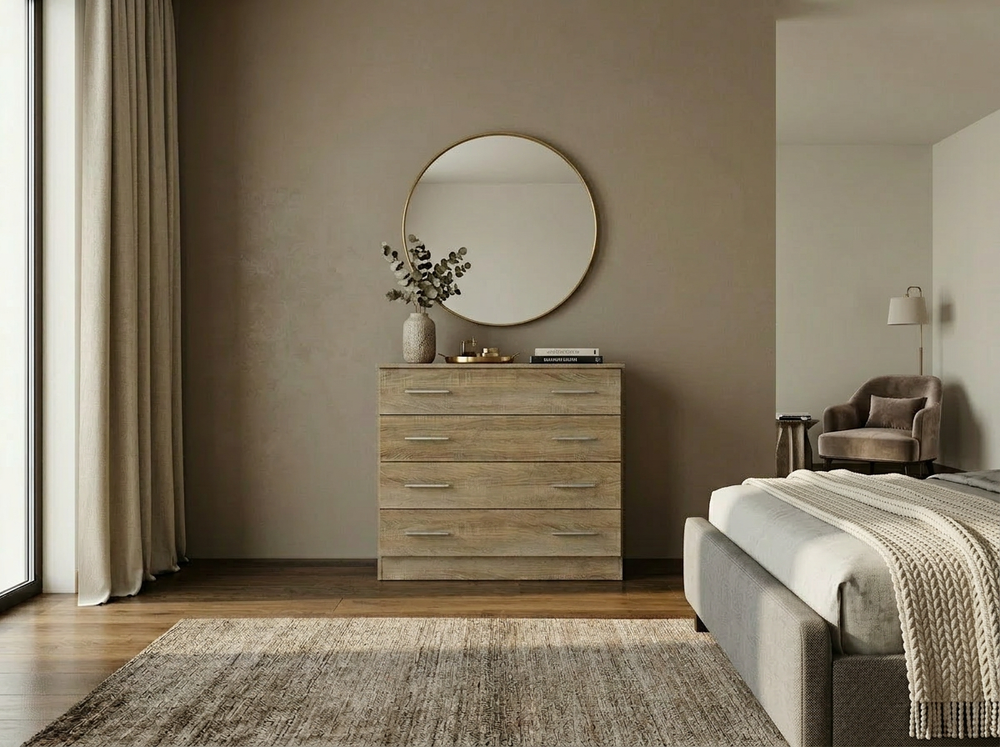 cómoda de madera estilo roble en dormitorio moderno con decoración minimalista