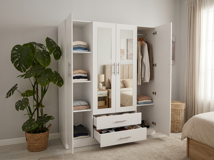Armario de Dormitorio W15 de 4 Puertas, con Espejo