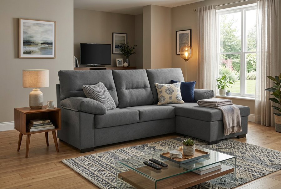 Un acogedor salón con un sofá modular gris adornado con cojines estampados. Junto a él hay una mesita auxiliar de madera con una lámpara. Una gran ventana deja pasar la luz natural, que ilumina una alfombra y una mesa de centro de cristal con objetos decorativos. Las obras de arte y las plantas aportan calidez.