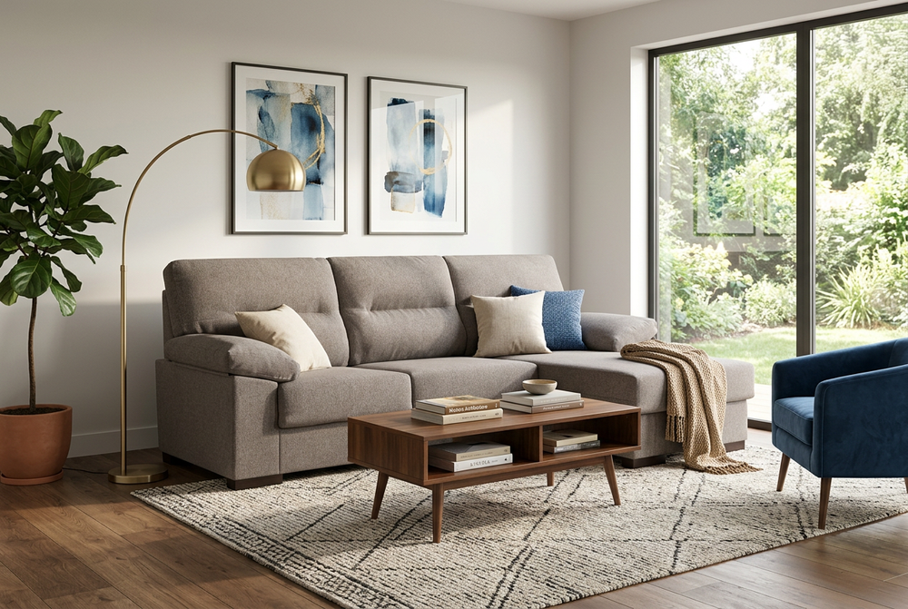 Salón moderno con un sofá modular gris, un sillón azul y una mesa de centro de madera. La gran ventana, el cuadro abstracto y la lámpara dorada crean un ambiente acogedor.