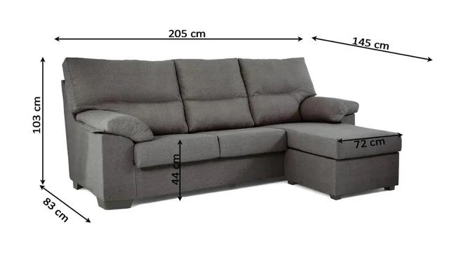 Sofá modular gris con chaise longue. Dimensiones indicadas: altura 103 cm, profundidad 83 cm, anchura 205 cm; la chaise longue mide 145 cm de largo y 72 cm de ancho.