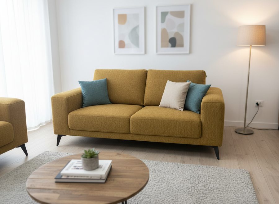 Un salón moderno con un sofá de color amarillo mostaza adornado con cojines azules y beige. Las obras de arte abstracto, una mesa de centro de madera y una lámpara de pie le dan un toque de estilo.