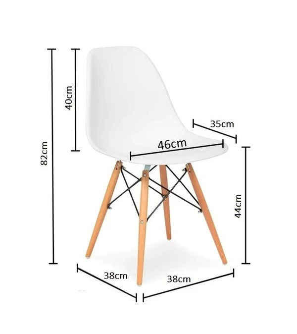Una silla moderna de color blanco con patas de madera y travesaños negros, con las siguientes dimensiones: altura 82 cm, altura del asiento 44 cm, anchura 46 cm, profundidad 38 cm.
