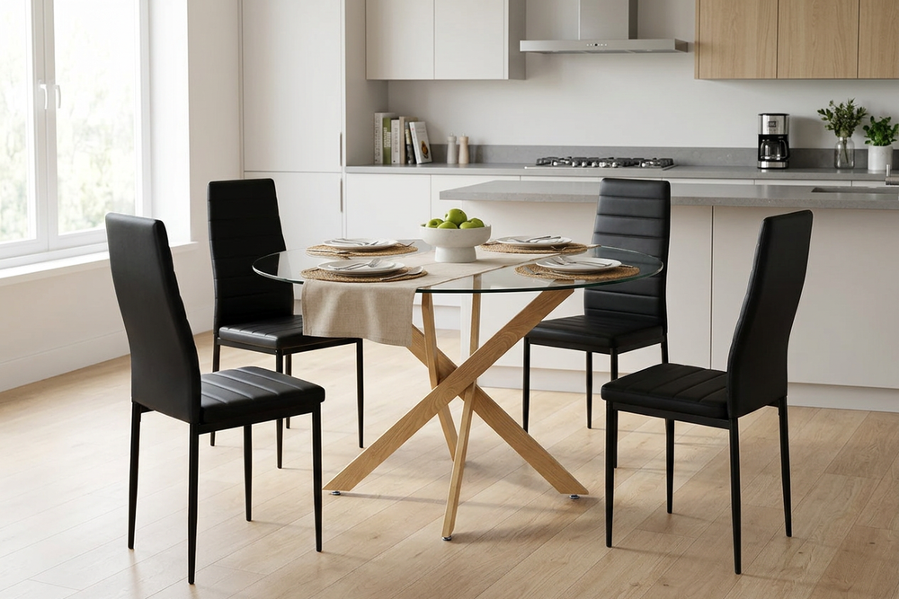 Cocina moderna con una mesa redonda de cristal y base de madera, rodeada de cuatro sillas negras. Un cuenco con manzanas verdes en el centro le da un toque de frescura.