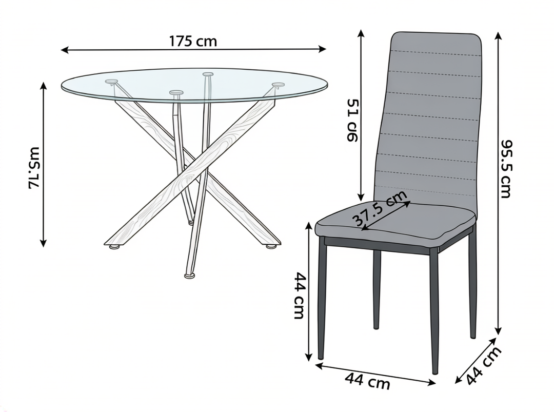 Ilustración de una mesa redonda de cristal con patas cruzadas, de 175 cm de ancho y 71,5 cm de alto, junto a una silla tapizada de 95,5 cm de alto, con las dimensiones del asiento.