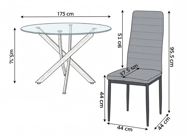 Ilustración de una mesa redonda de cristal con patas cruzadas, de 175 cm de ancho y 71,5 cm de alto, junto a una silla tapizada de 95,5 cm de alto, con las dimensiones del asiento.
