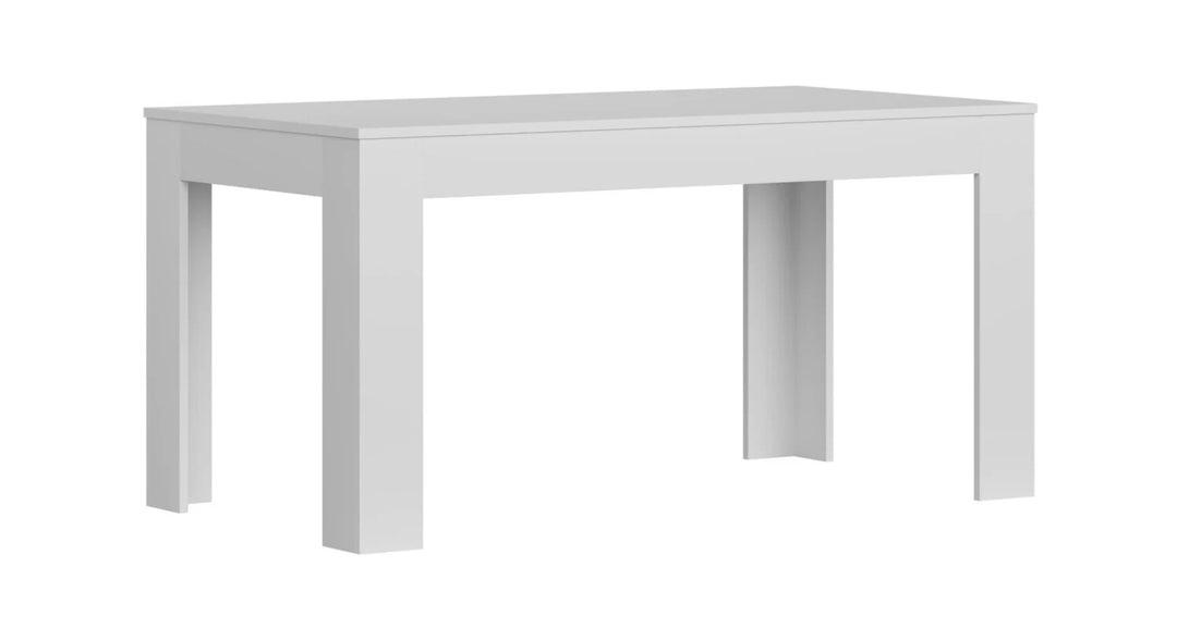 Mesa rectangular sencilla de color blanco, con patas rectas y superficie lisa, situada sobre un fondo blanco liso, que transmite una elegancia minimalista.