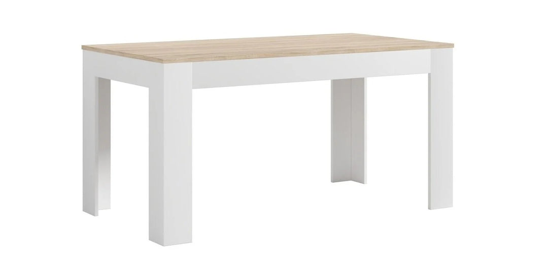 Una mesa de comedor rectangular moderna con tablero de madera clara y patas blancas. Diseño sencillo y minimalista que transmite un estilo limpio y contemporáneo.
