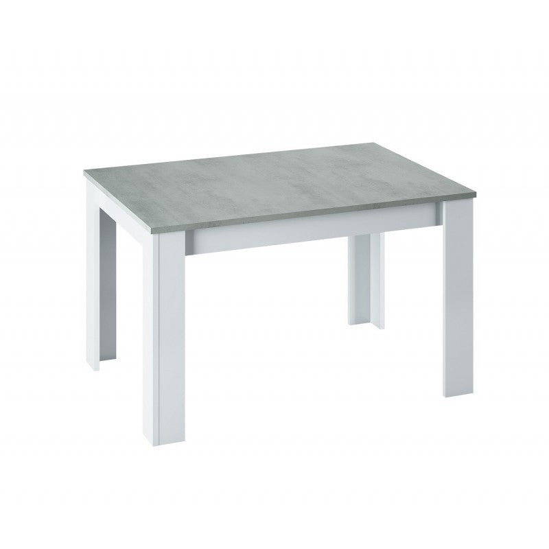 Una mesa rectangular moderna con un tablero gris de imitación hormigón y patas blancas. El diseño es sencillo y contemporáneo, y evoca una estética minimalista.