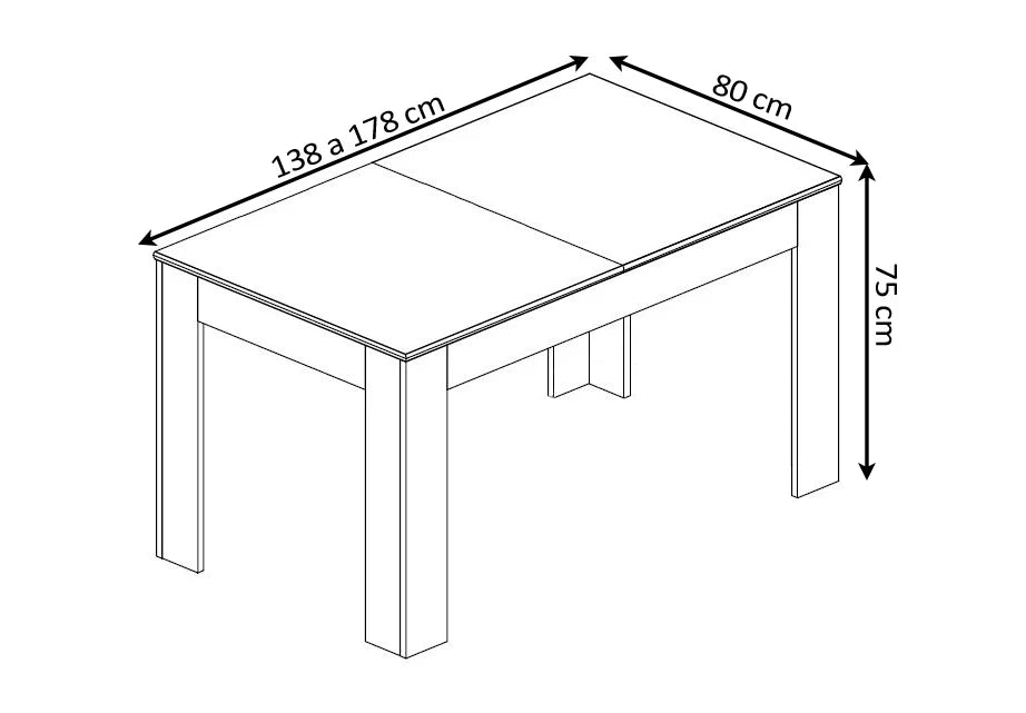 Dibujo esquemático de una mesa rectangular con las dimensiones indicadas: 138-178 cm de largo, 80 cm de ancho y 75 cm de alto. Diseño sencillo y funcional.